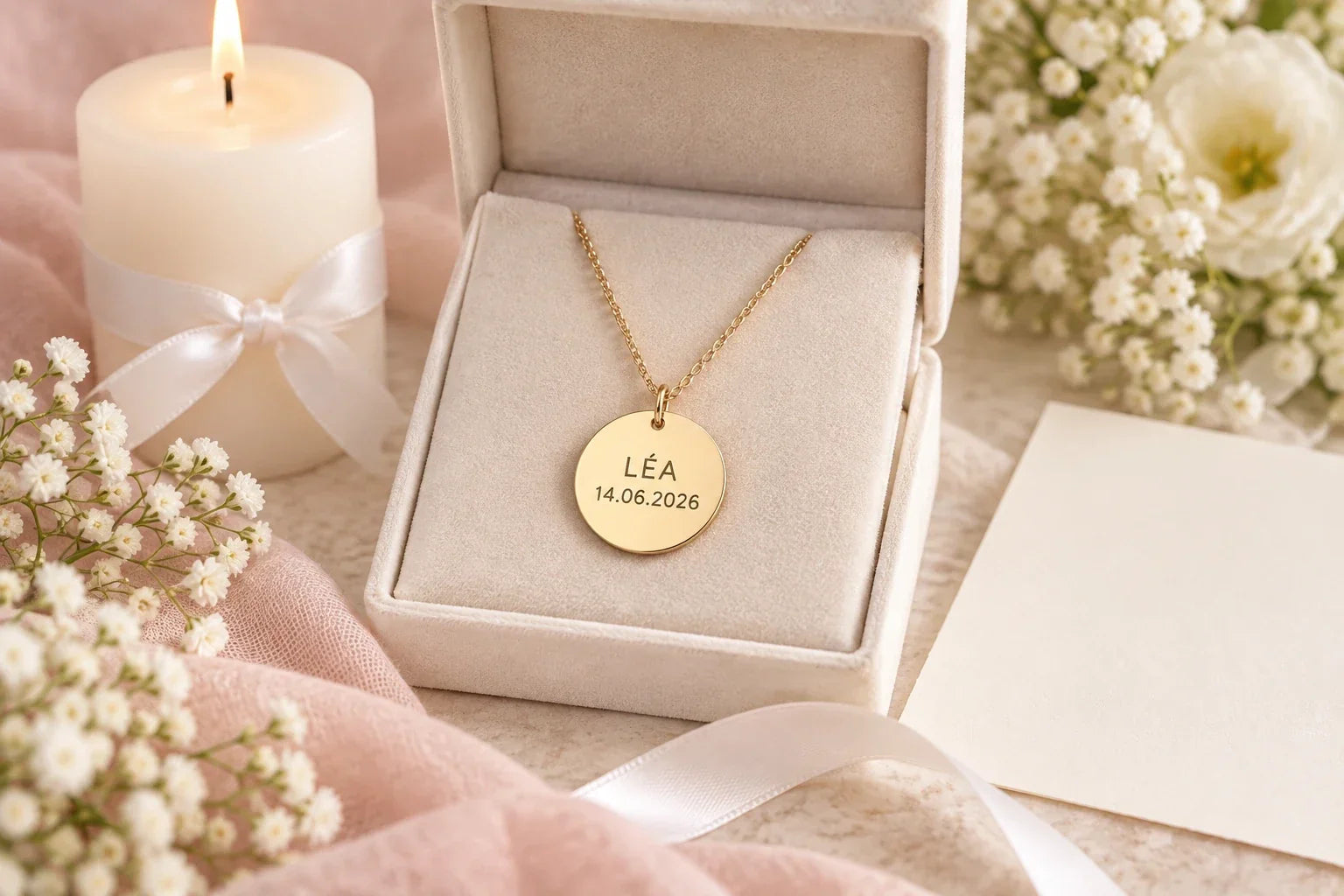 Collier médaillon gravé du prénom Léa et de la date du baptême