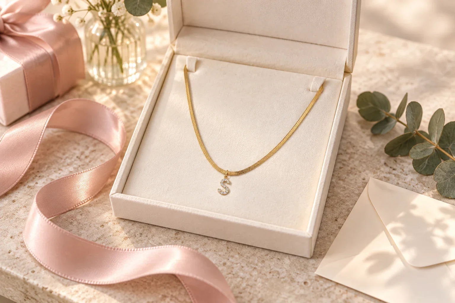 Collier initiale doré dans un écrin pour l’anniversaire d’une femme de 40 ans