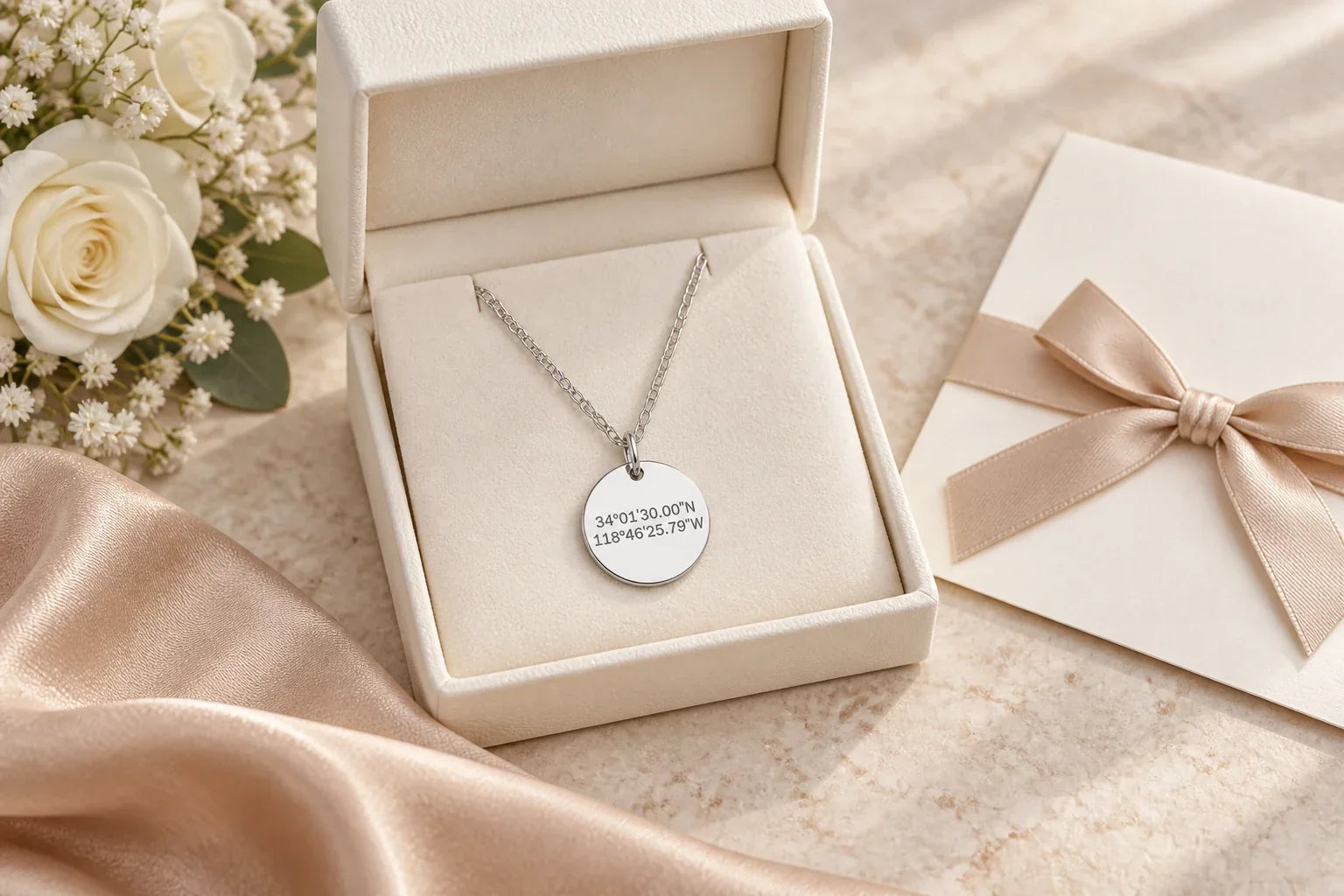 Collier médaillon argenté gravé présenté pour les 50 ans d’une femme