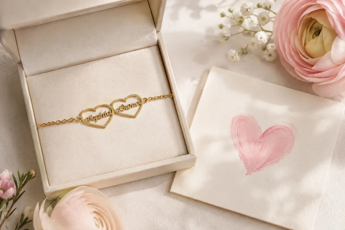 Cadeau Fête des Mères avec bracelet deux prénoms et carte enfant