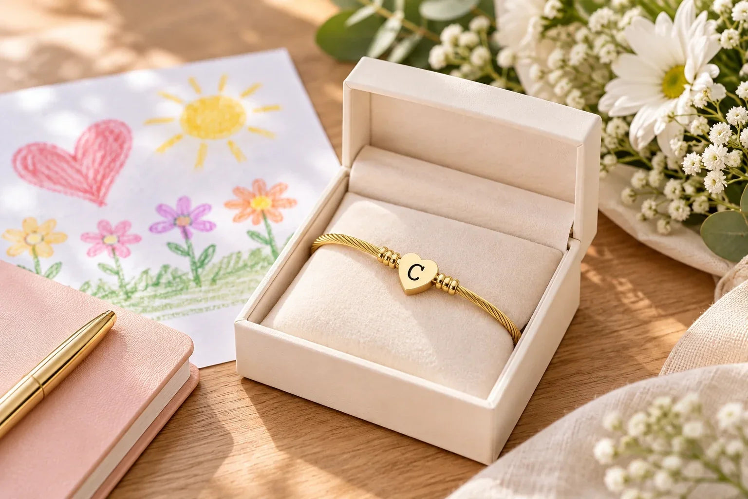 Bracelet initiale doré avec dessin enfantin, idée cadeau pour une maîtresse
