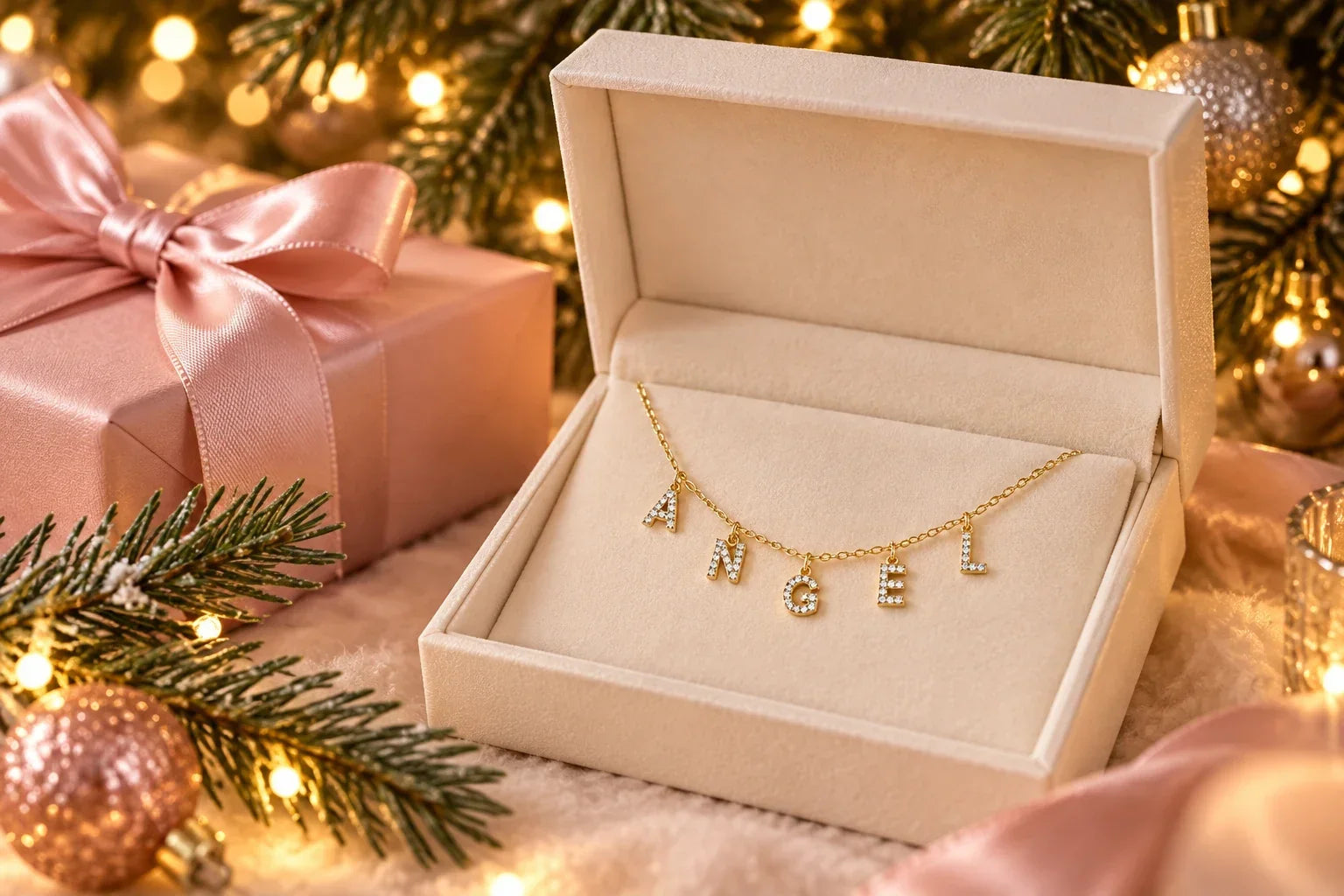 Collier à lettres personnalisé présenté sous le sapin