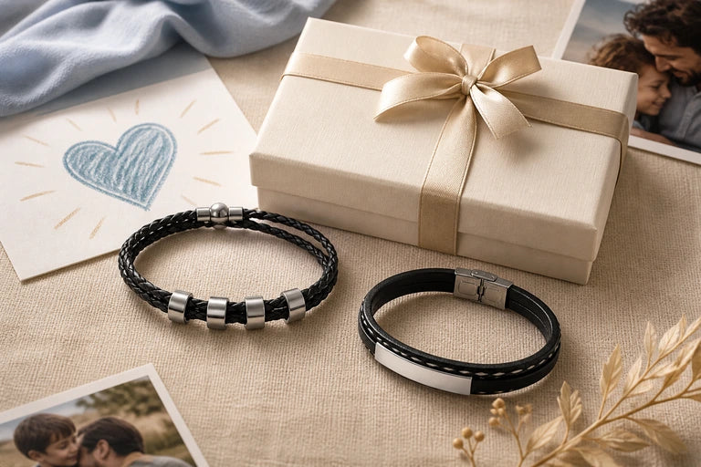 Bracelets personnalisés pour papa présentés avec un dessin d’enfant et un coffret cadeau