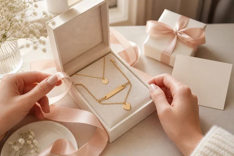 Coffret de bijoux dorés préparé comme cadeau personnalisé pour une femme