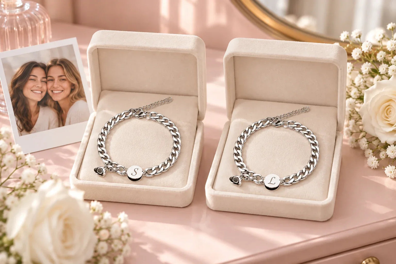 Deux bracelets à initiale offerts entre sœurs